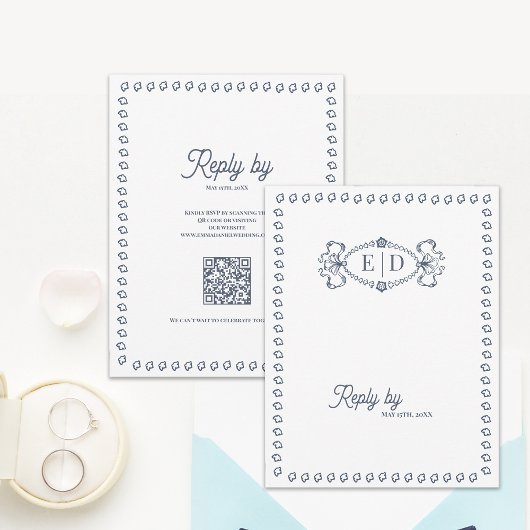 Bleu Poussiéreux Code QR Monogramme Vintage Cartes