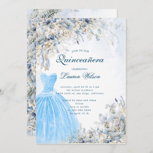 bleu poussiéreux Quinceañera Invitation (Devant / Derrière)