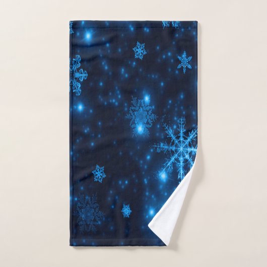 Bleu profond avec des flocons de neige brillants S (Serviette à main)