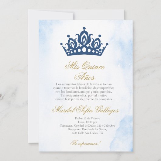 Bleu Quinceanera invitation en espagnol (Dos)