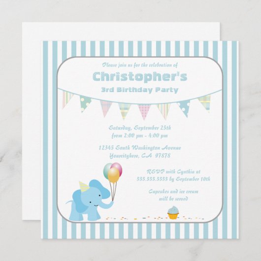 Bleu rayures d'éléphant invitation fête d'annivers (Devant / Derrière)