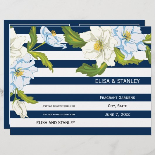 Bleu rayures & fleurs programme de mariage moderne (Devant / Derrière)