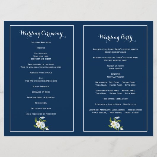 Bleu rayures & fleurs programme de mariage moderne (Dos)