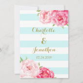 Bleu Rayures Fleurs Roses Invitations Mariage (Devant)