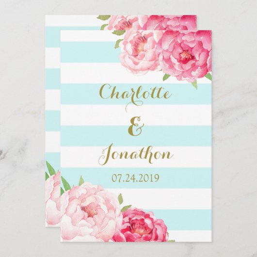 Bleu Rayures Fleurs Roses Invitations Mariage (Devant / Derrière)