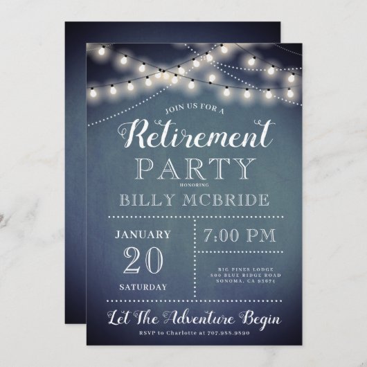Bleu Retraite Party Chaîne Lumières Invitation (Devant / Derrière)