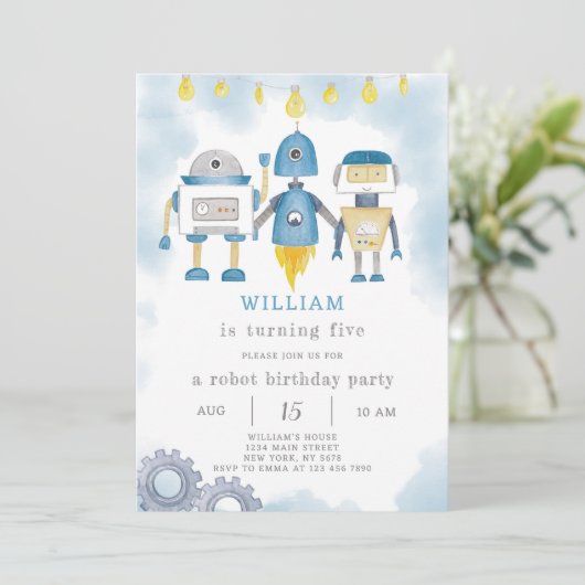 Bleu Robot Invitation Anniversaire (Debout devant)