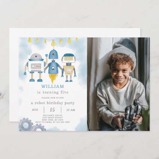 Bleu Robot Invitation Anniversaire Avec Photo (Devant / Derrière)