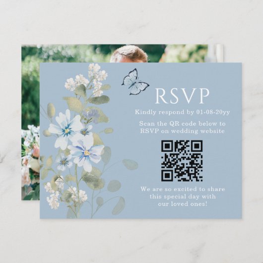 Bleu romantique Floral RSVP QR Code Mariage photo (Devant / Derrière)