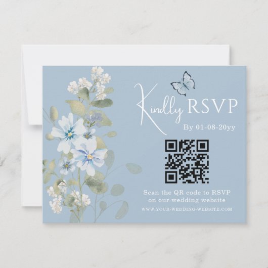 Bleu romantique Floral RSVP QR Code Mariage photo (Devant)