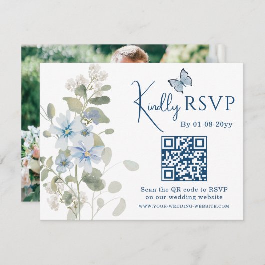Bleu romantique Floral RSVP QR Code Mariage photo (Devant / Derrière)