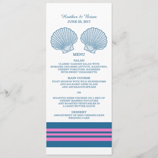 Bleu rose coquillages marins Menu Mariage (Devant)
