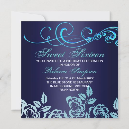 Bleu Rose doux 16 Invitation d'anniversaire (Dos)
