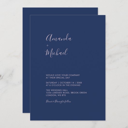 Bleu rose et marine Simple Faire-part de mariage m (Devant / Derrière)