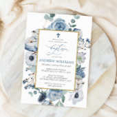 Bleu Rose Fleurs Baptême Invitation