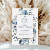 Bleu Rose Fleurs Baptême Invitation