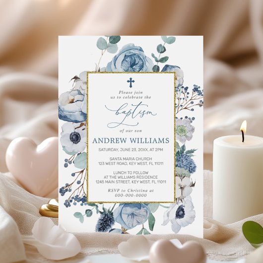 Bleu Rose Fleurs Baptême Invitation