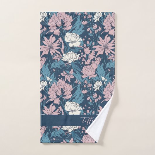 Bleu rose Fleurs blanches Arrière - plan bleu (Serviette à main)