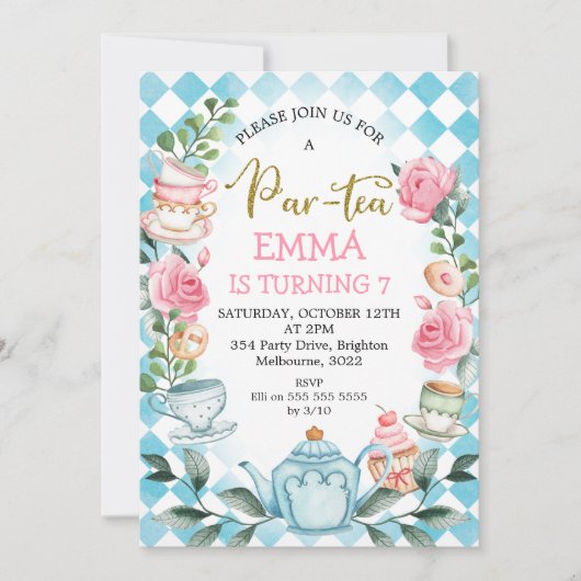 Bleu rose Partea Party Anniversaire Invitation (Devant)