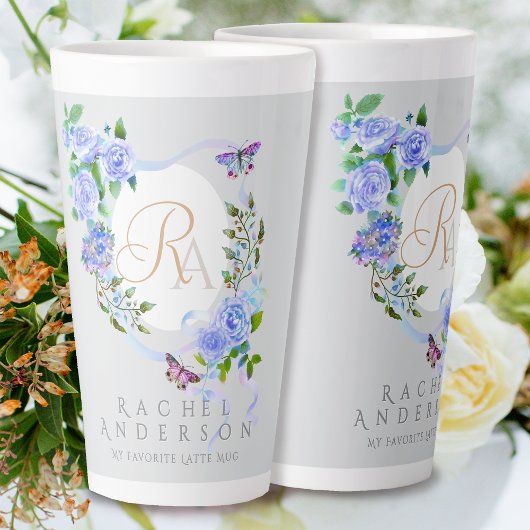 Bleu Rose ruban Chic Monogramme Gris Latte Mug