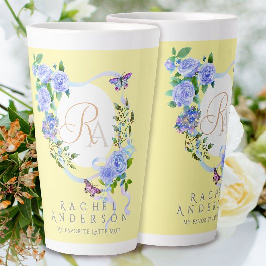 Bleu Rose ruban Chic Monogramme Jaune Latte Mug