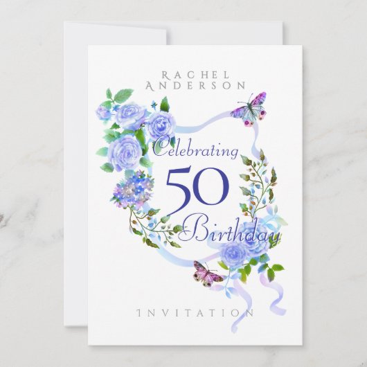 Bleu Rose Ruban Invitation d'anniversaire (Devant)