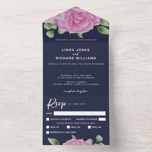 Bleu rose tout en un Faire-part de mariage (À l'intérieur)