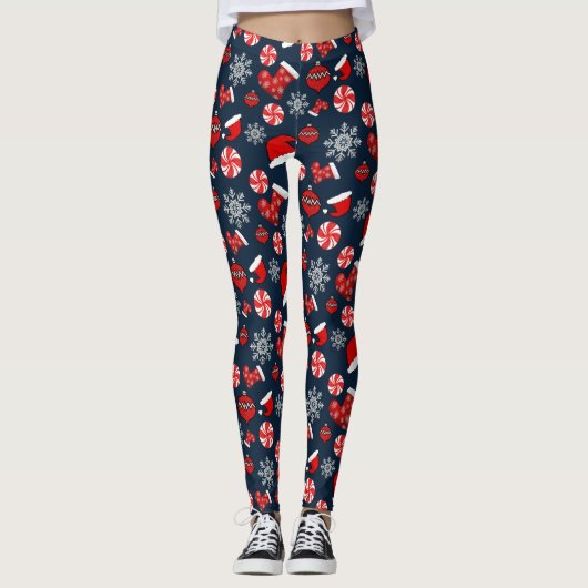 Bleu Rouge Blanc Joyeux Leggings de Noël (Devant)