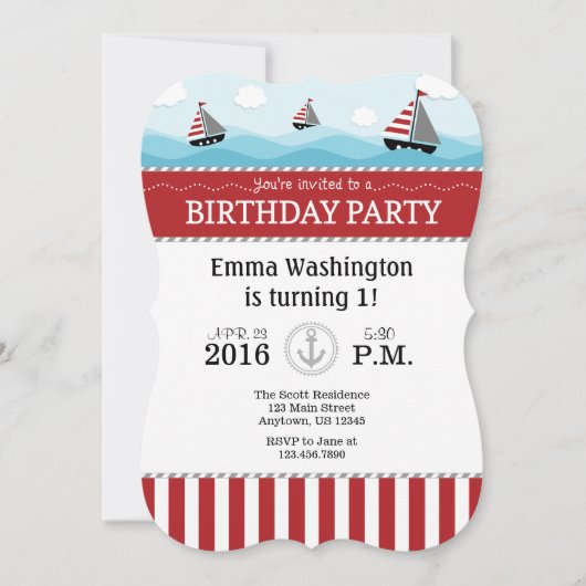 Bleu Rouge Nautique Invitation Anniversaire (Devant)