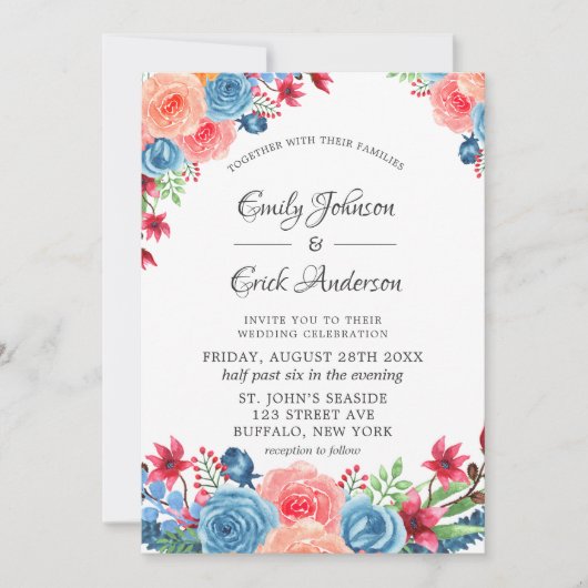 Bleu rouge rose orangé Faire-part de mariage (Devant)