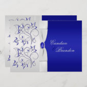 Bleu royal et faire-part de mariage floral argenté (Devant / Derrière)