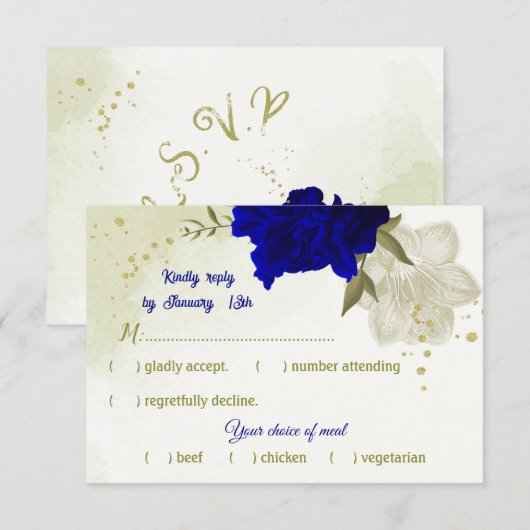 bleu royal fleurs blanches vert feuilles carte RSV (Devant / Derrière)