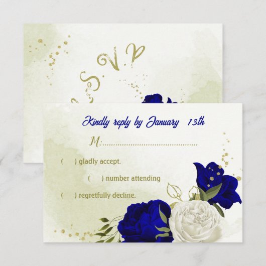 bleu royal fleurs blanches vert feuilles carte RSV (Devant / Derrière)