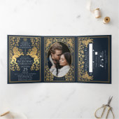 Bleu Royal Médiéval Lion Mariage Tri-Fold (Intérieur)