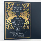 Bleu Royal Médiéval Lion Mariage Tri-Fold (Intérieur en premier)