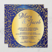 Bleu royal orné et faire-part de mariage or (Devant / Derrière)