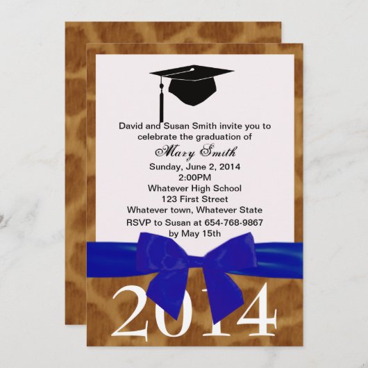 Bleu Ruban Et Giraffe Invitation De Graduation (Devant / Derrière)