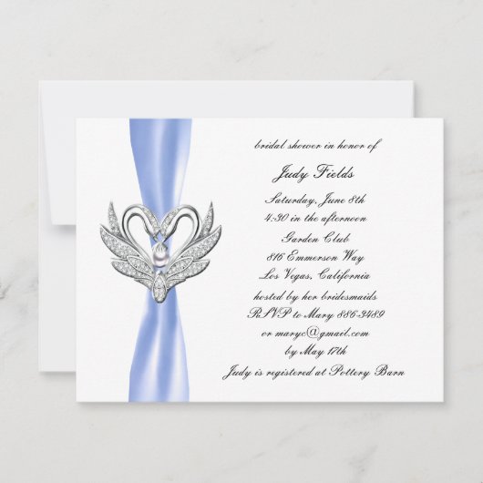 Bleu Ruban Swans Argent Douche nuptiale Invitation (Devant)