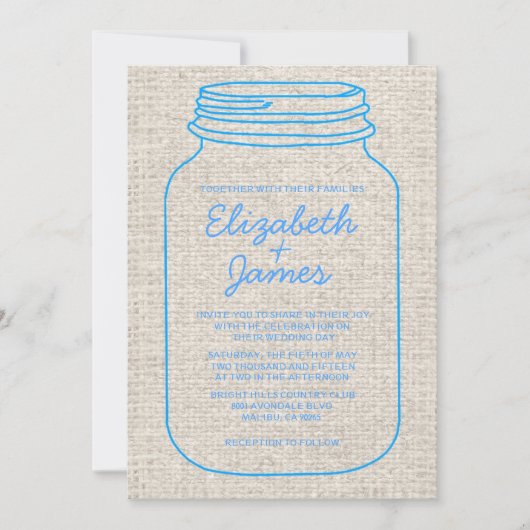 Bleu Rustic Burlap Mason Jar Invitations de mariag (Devant)