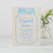 Bleu Rustic Burlap Mason Jar Invitations de mariag (Debout devant)