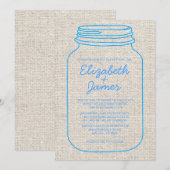 Bleu Rustic Burlap Mason Jar Invitations de mariag (Devant / Derrière)