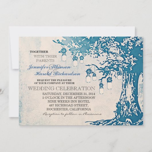 Bleu rustique mât jarres arbre invitations mariage (Devant)