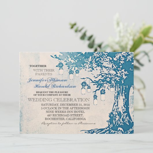 Bleu rustique mât jarres arbre invitations mariage (Debout devant)