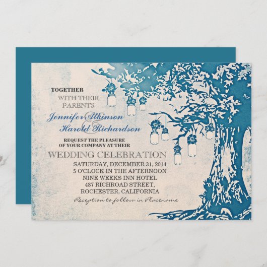 Bleu rustique mât jarres arbre invitations mariage (Devant / Derrière)