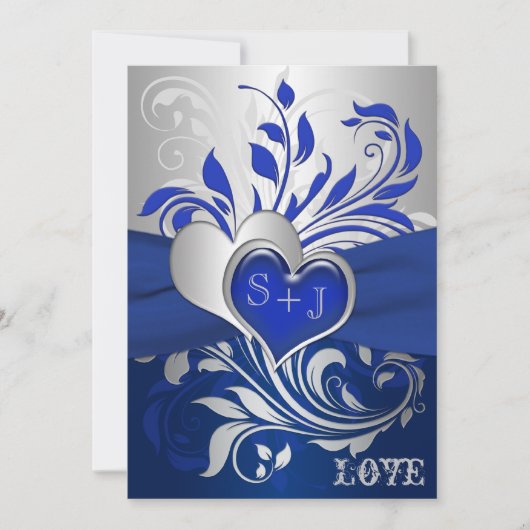 Bleu, Scrolls Argent, Faire-part de mariage Coeur (Devant)