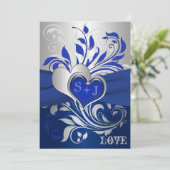 Bleu, Scrolls Argent, Faire-part de mariage Coeur (Debout devant)