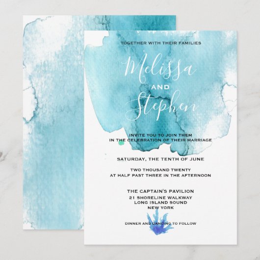 Bleu Sea Foam Watercolor Beach Wedding Invitation (Devant / Derrière)