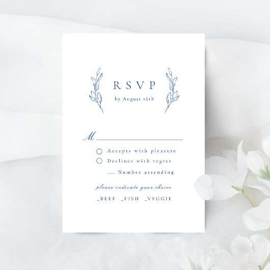 Bleu simple élégance botanique mariage RSVP carte