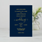 Bleu Simple Élégant Mariage Gold Foil Invitation (Debout devant)