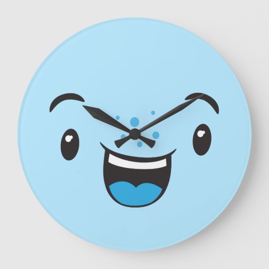Bleu Souriant Kawaii Face Mur Horloge (Recto)